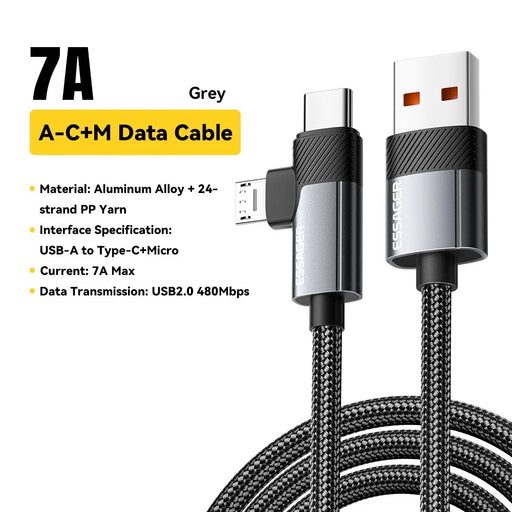 ESSAGER 1m USB-A to USB-C  /  Micro 480Mbps Data Sync Cord 7A 100W Fast Charging Cable - 2