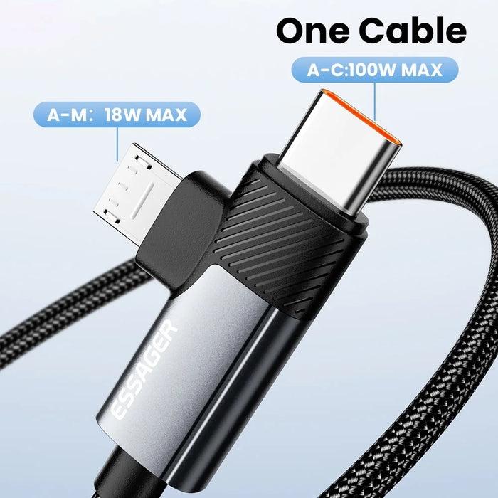 ESSAGER 1m USB-A to USB-C  /  Micro 480Mbps Data Sync Cord 7A 100W Fast Charging Cable - 6