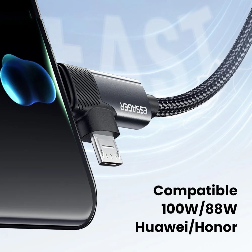 ESSAGER 2m USB-A to USB-C  /  Micro 480Mbps Data Sync Cord 7A 100W Fast Charging Cable - 6