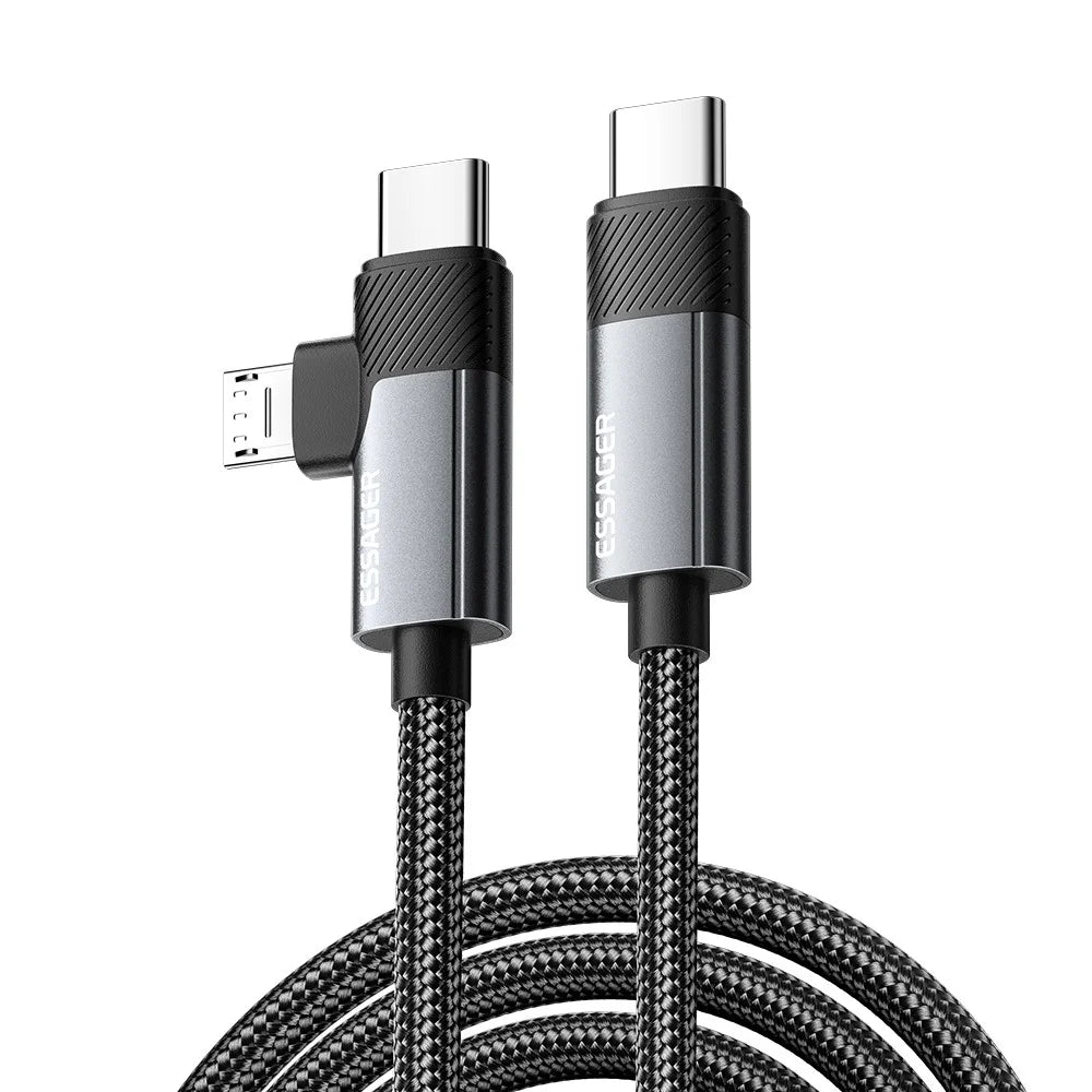 ESSAGER 2m 65W Aluminum Alloy Data Cable 2 in 1 Type-C to Type-C+M Micro Fast Charging Cable - Grey - 1