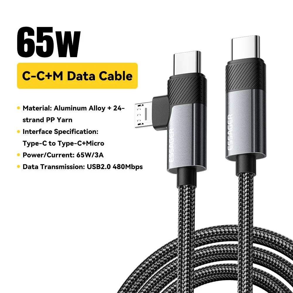 ESSAGER 2m 65W Aluminum Alloy Data Cable 2 in 1 Type-C to Type-C+M Micro Fast Charging Cable - Grey - 3