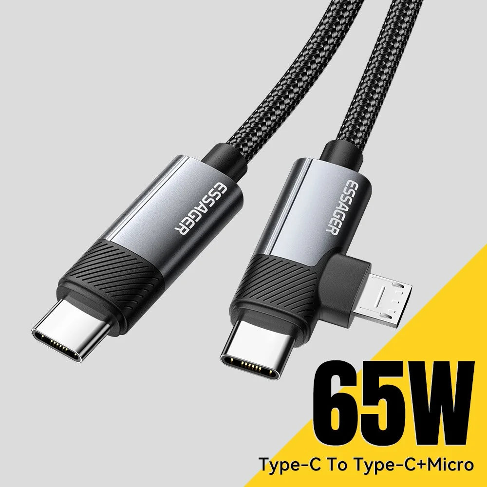 ESSAGER 2m 65W Aluminum Alloy Data Cable 2 in 1 Type-C to Type-C+M Micro Fast Charging Cable - Grey - 4