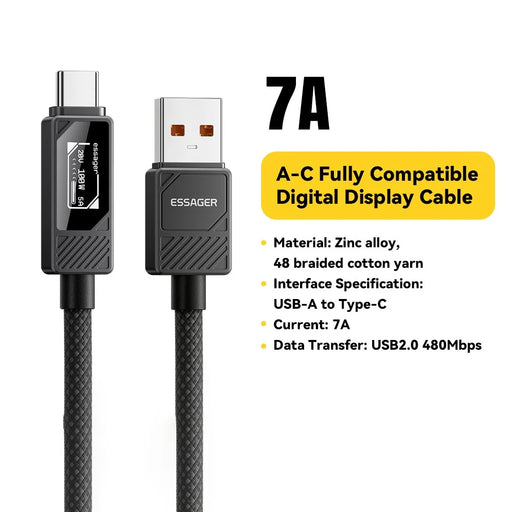 ESSAGER Smart Display USB-A to USB-C Cable 7A Fast Charging 100W Power Delivery Data Cable 1m - 2