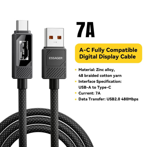 ESSAGER Smart Display USB-A to USB-C Cable 7A Fast Charging 100W Power Delivery Data Cable 2m - 2
