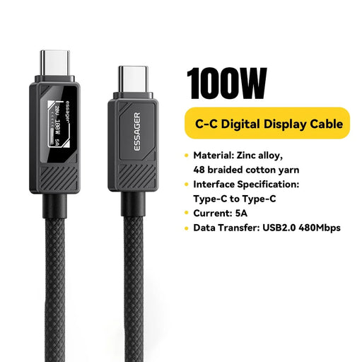 ESSAGER Type-C to Type-C Smart Display Cable 100W Power Delivery 480Mbps Data Transfer Cable 0.25m - 2
