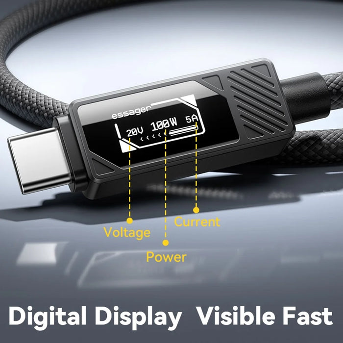 ESSAGER Type-C to Type-C Smart Display Cable 100W Power Delivery 480Mbps Data Transfer Cable 0.25m - 6