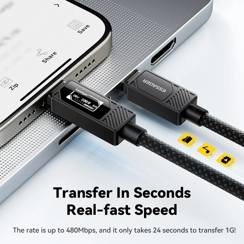 ESSAGER Type-C to Type-C Smart Display Cable 100W Power Delivery 480Mbps Data Transfer Cable 1m - 4