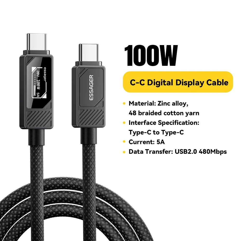 ESSAGER Type-C to Type-C Smart Display Cable 100W Power Delivery 480Mbps Data Transfer Cable 2m - 2