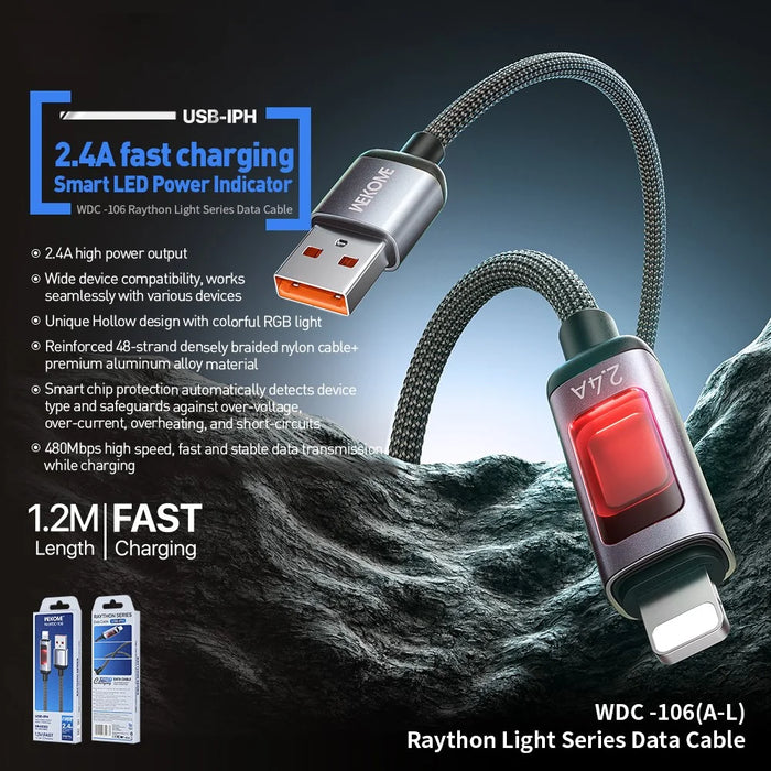 WEKOME WDC-106 1.2m 2.4A USB to iP Fast Charging Charger Cable Overload Protection Data Cable - Black - 3