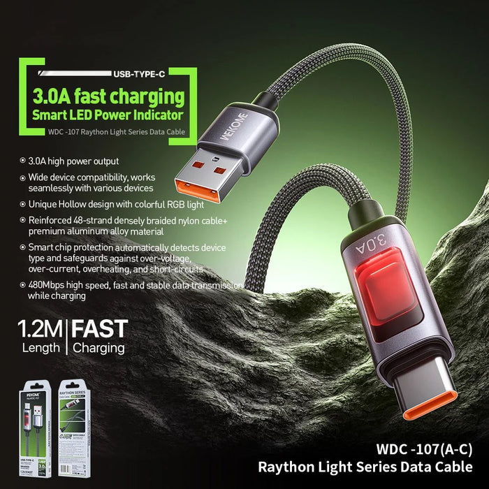 WEKOME WDC-107 1.2m 3.0A Fast Charging USB to Type-C Charger Cable 480Mbps Data Transfer Cable for Phone  /  Tablet - Black - 2