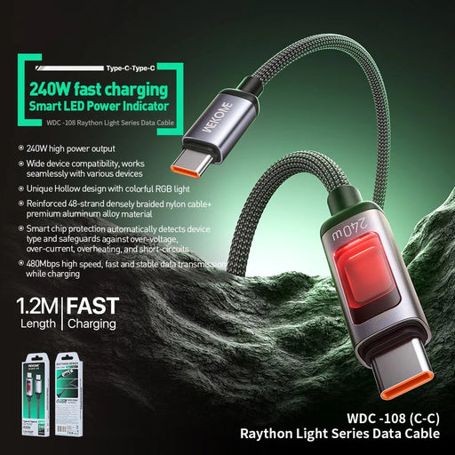 WEKOME WDC-108 Type-C to Type-C Charger Cable 1.2m PD 240W Fast Charging Cable 480Mbps Data Transfer Braided Cord - Black - 2