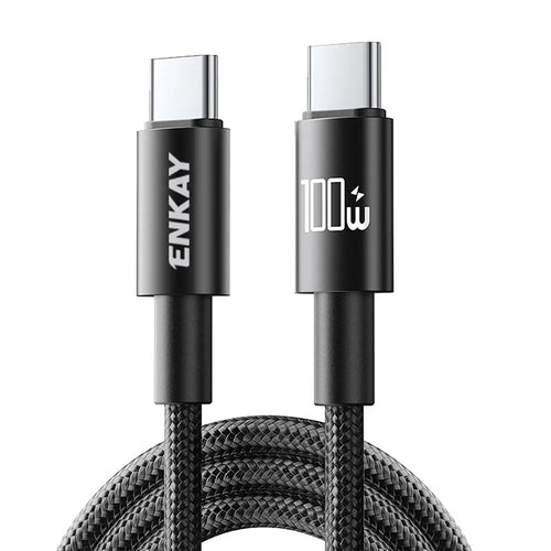 ENKAY HAT PRINCE 1m PD 100W Nylon Braided Type-C to Type-C Cable Fast Charging Data Transfer Cord with E-Marker Chip - Black - 1
