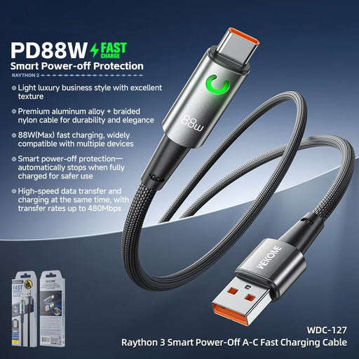 WEKOME WDC-127 Raython 3 Smart Power-Off USB-A to Type-C Fast Charging Cable 88W High Speed Data Cable - 2