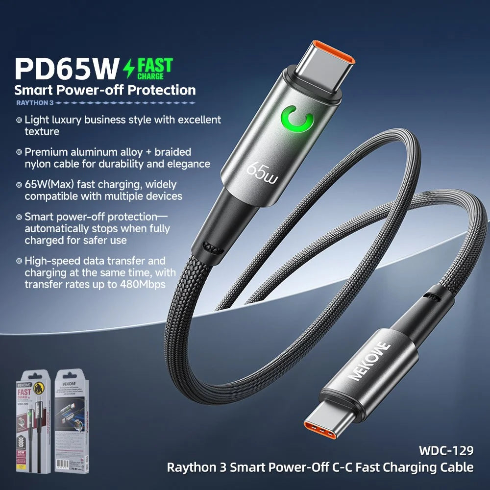 WEKOME WDC-129 Raython 3 Smart Power-Off Type-C to Type-C Fast Charging Cable 65W High Speed Data Cable - 2