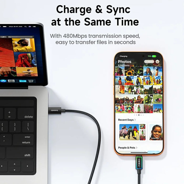 TOOCKI TX109C4 1m PD 240W USB-C to USB-C Ring Light Data Cable 480Mbps Fast Data Transfer Cable with E-Marker Chip for Laptop Phone - Black - 7