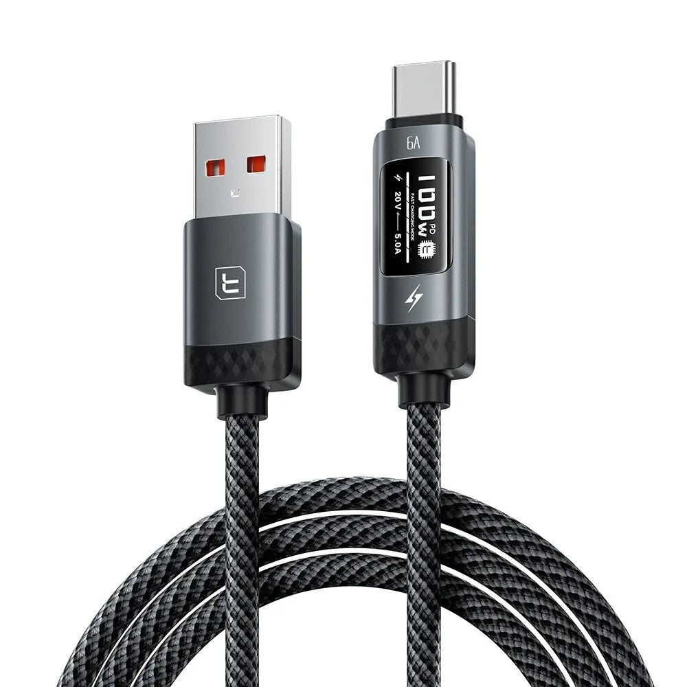 TOOCKI TX111A2 1m PD 100W USB-A to USB-C OLED Digital Display Data Cable Fast Charging Cable with E-Marker Chip for Laptop Phone - Black - 1