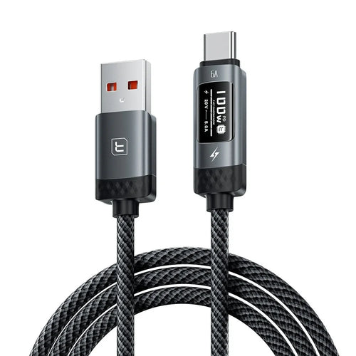 TOOCKI TX111A2 1m PD 100W USB-A to USB-C OLED Digital Display Data Cable Fast Charging Cable with E-Marker Chip for Laptop Phone - Black - 1