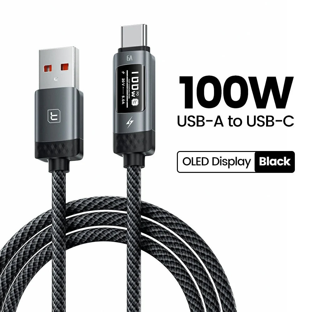 TOOCKI TX111A2 1m PD 100W USB-A to USB-C OLED Digital Display Data Cable Fast Charging Cable with E-Marker Chip for Laptop Phone - Black - 2