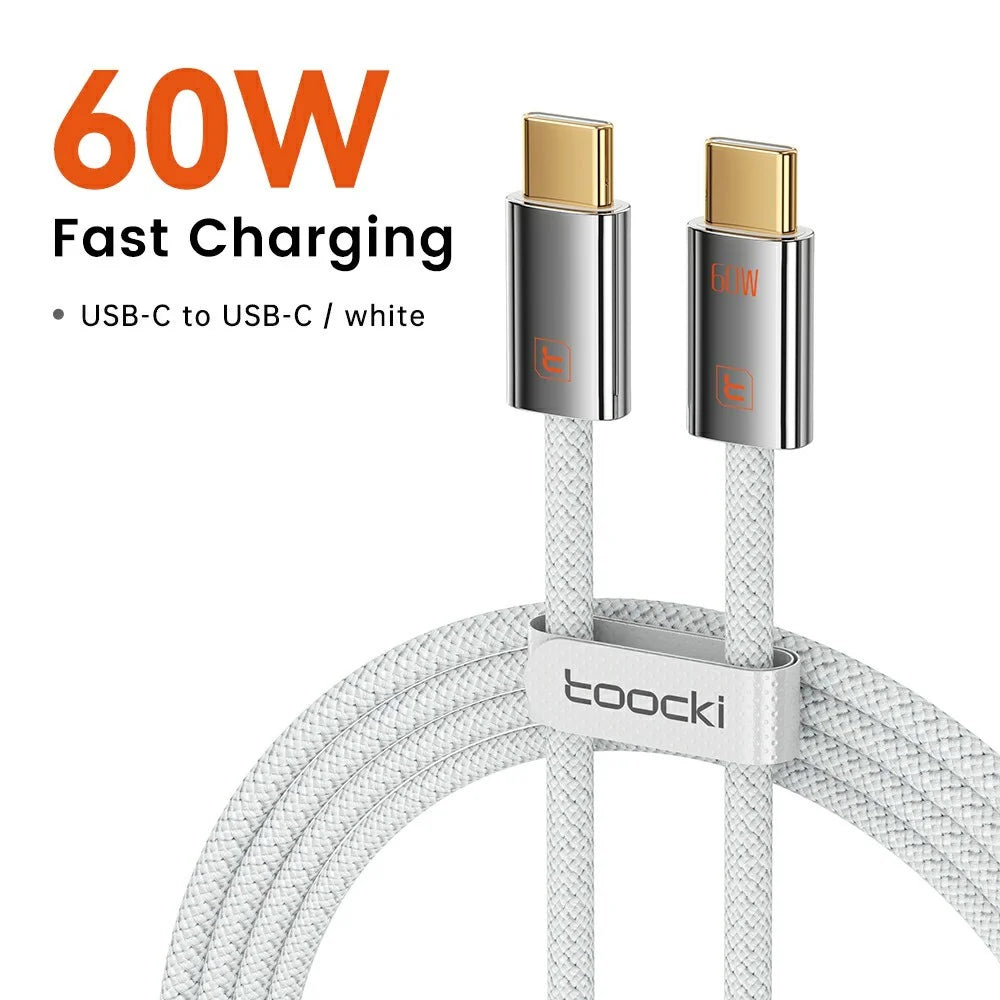 TOOCKI TX110C2 2m Mini Zinc Alloy USB-C to USB-C Cable PD 60W Fast Charging Cable with Smart Chip for Laptop Phone - White - 2