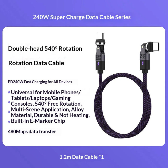 SIKAI Type C to Type C Data Cable 240W High Power Fast Charging USB C Braided Wire for Phones/Tablets/Laptops - Dual Head 540 Degree Rotation - 2