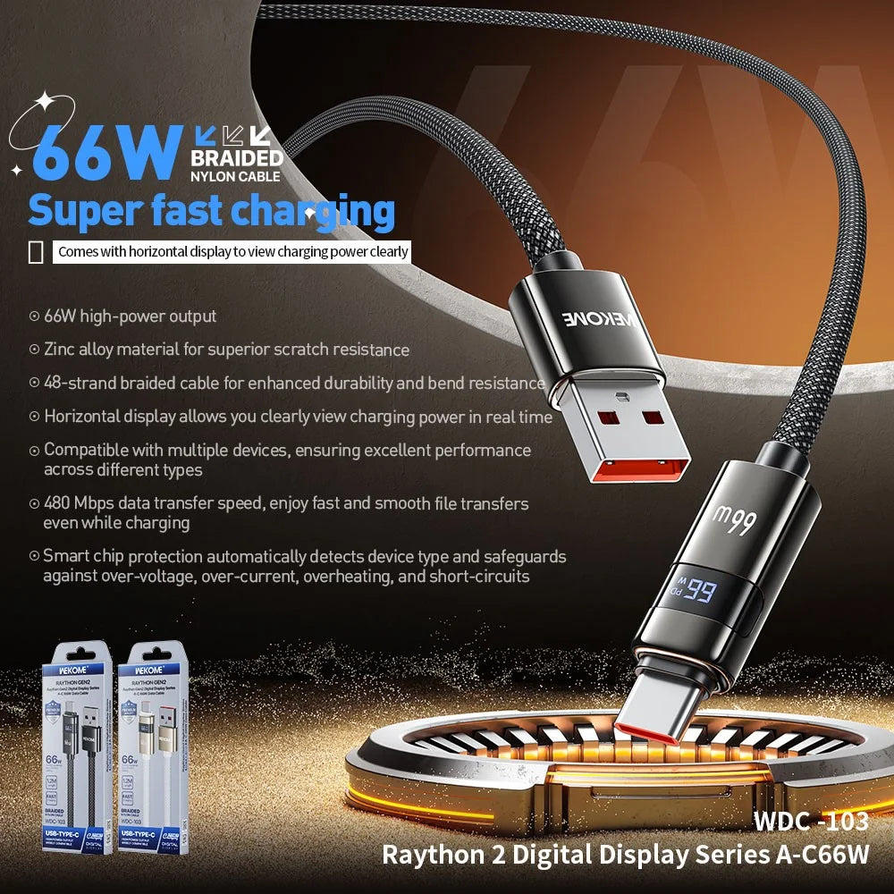 WEKOME WDC-103 1.2m 66W USB A to Type-C Cable with Digital Display 480Mbps Data Transfer Cable with Smart Chip Protection - Black - 2