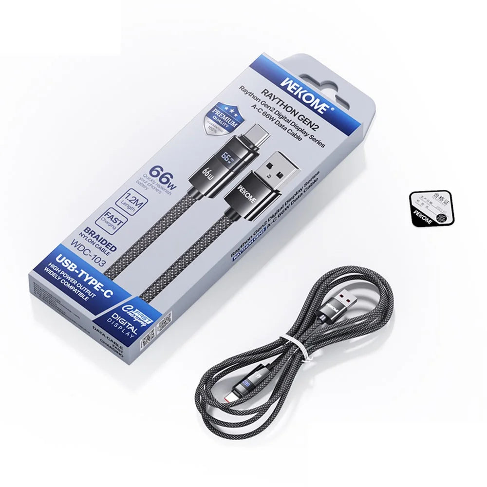 WEKOME WDC-103 1.2m 66W USB A to Type-C Cable with Digital Display 480Mbps Data Transfer Cable with Smart Chip Protection - Black - 3