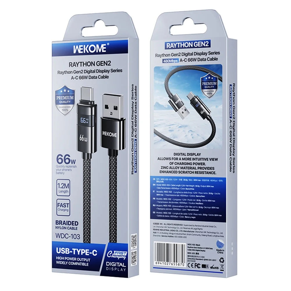 WEKOME WDC-103 1.2m 66W USB A to Type-C Cable with Digital Display 480Mbps Data Transfer Cable with Smart Chip Protection - Black - 4