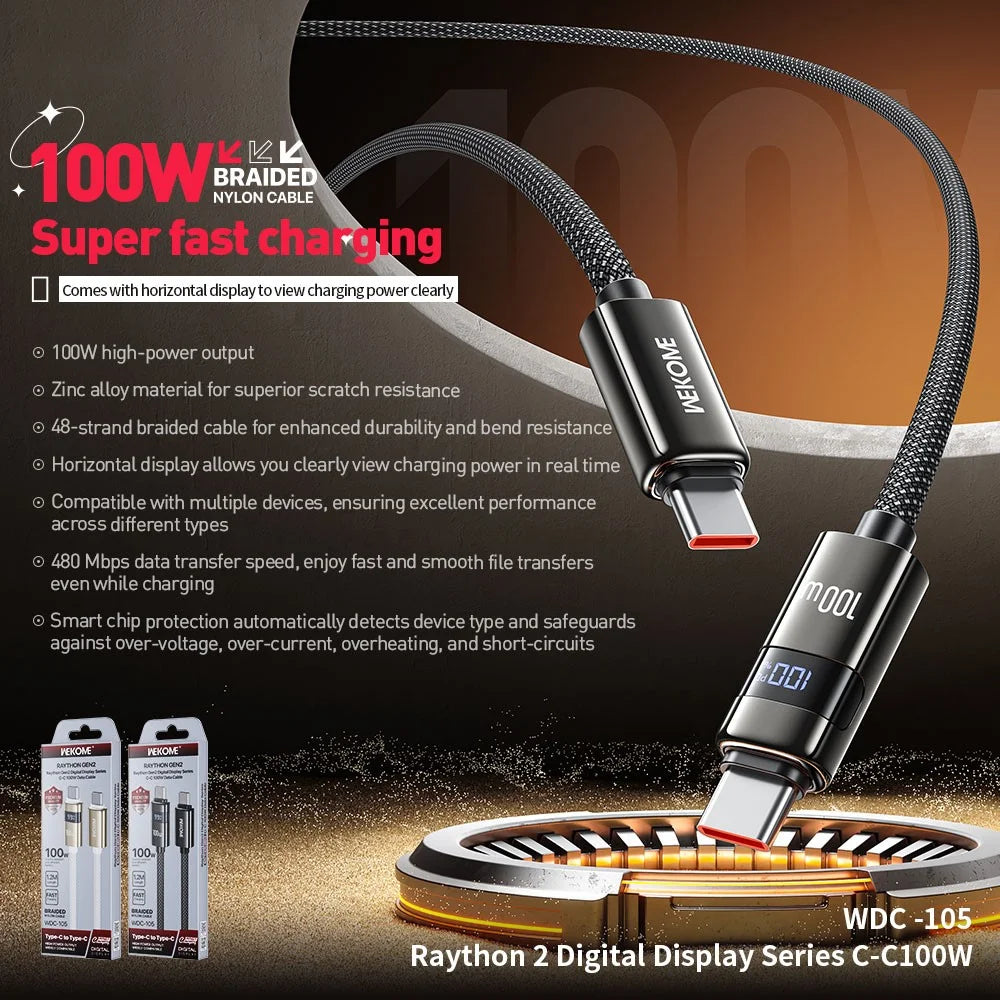 WEKOME WDC-105 1.2m 100W Type-C to Type-C Cable with Digital Display 480Mbps Fast Transfer Data Cable with Smart Chip Protection - Black - 2
