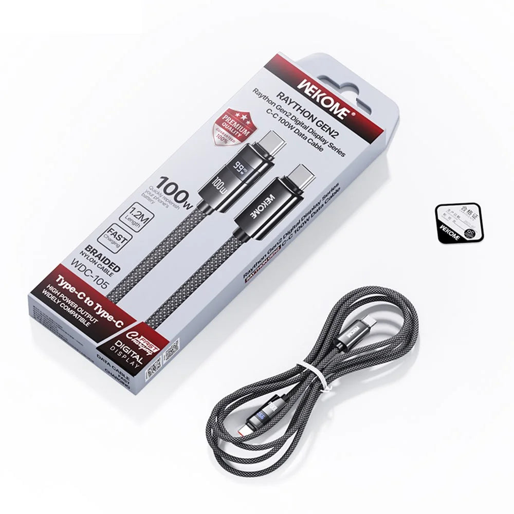 WEKOME WDC-105 1.2m 100W Type-C to Type-C Cable with Digital Display 480Mbps Fast Transfer Data Cable with Smart Chip Protection - Black - 3