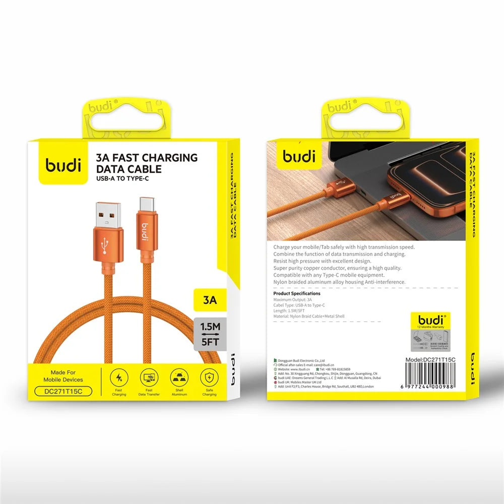BUDI DC271T15C 1.5m 18W Fast Charging USB-A to USB-C Cable Braided Aluminum Connector Cable - Orange - 3