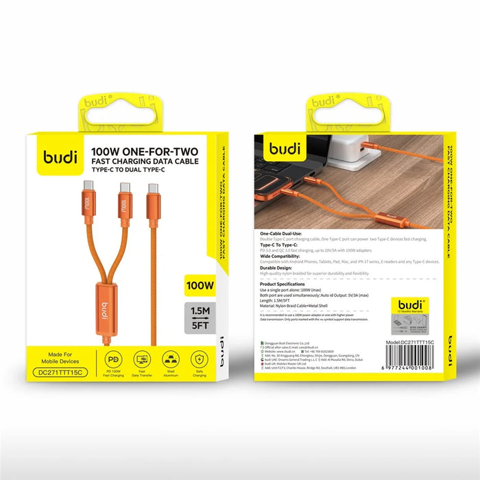 BUDI DC271TTT15C 1.5m USB-C to Dual USB-C 100W Fast Charging Cable Nylon Braided Data Cord - 3