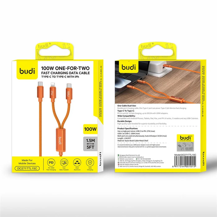 BUDI DC271TTL15C 1.5m USB-C to USB-C /  iP  Nylon Braided Data Cord 100W Fast Charging Cable - 3