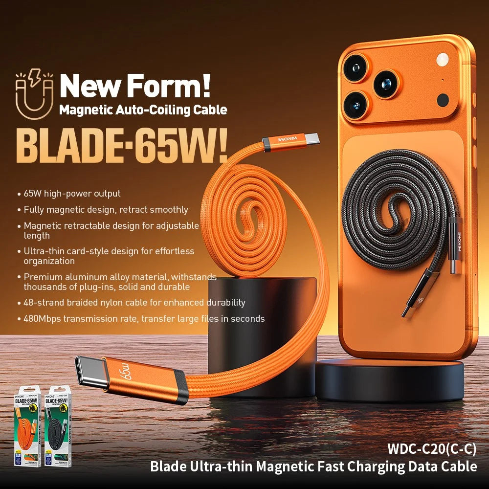 WEKOME WDC-C20 Ultra Thin 1m 65W Magnetic Fast Charging Type-C to Type-C Cable 480Mbps Braided Data Transfer Cable - Orange - 2