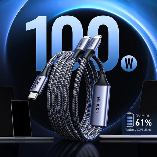 UGREEN 35087 1.5m 2 in 1 USB-C to USB-C Y Splitter Cable 100W / 5A PD 3.0 Fast Charging Nylon Braided Cord - 2
