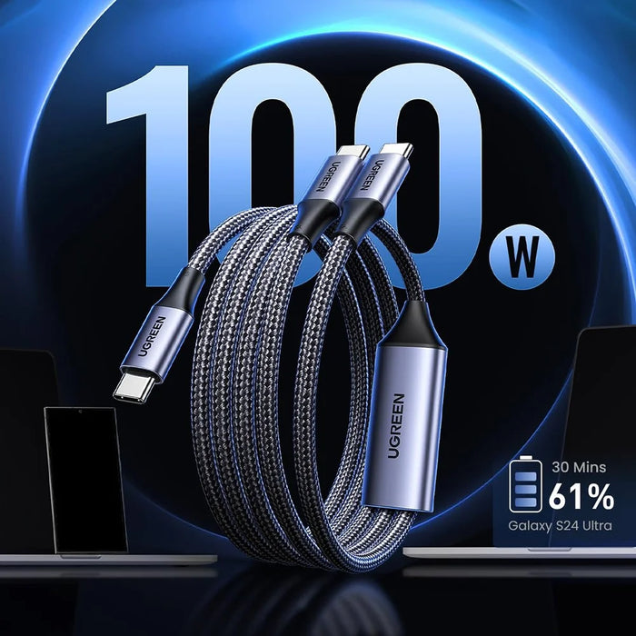 UGREEN 35087 1.5m 2 in 1 USB-C to USB-C Y Splitter Cable 100W / 5A PD 3.0 Fast Charging Nylon Braided Cord - 2
