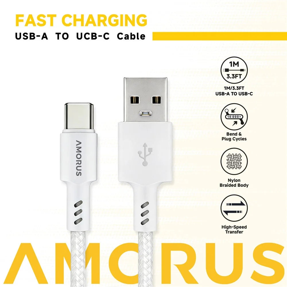 AMORUS 1m 12W 2.4A USB-A to USB-C Nylon Braided Data Cord Fast Charging Cable for Samsung / Huawei / Xiaomi - White - 2