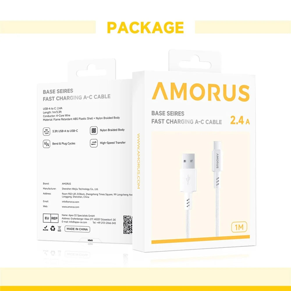 AMORUS 1m 12W 2.4A USB-A to USB-C Nylon Braided Data Cord Fast Charging Cable for Samsung / Huawei / Xiaomi - White - 7