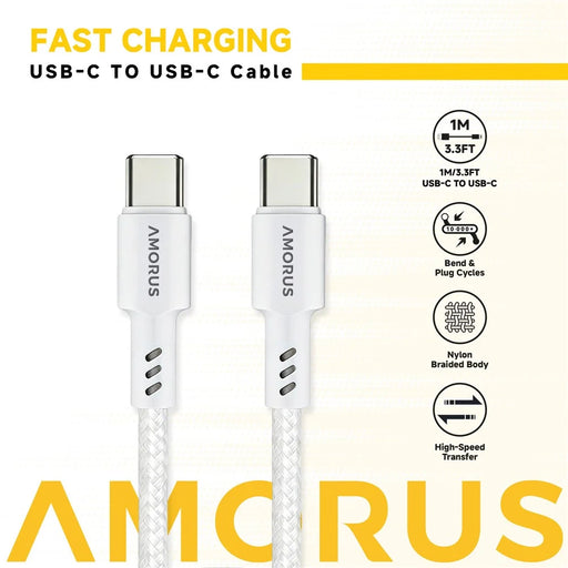 AMORUS 1m PD 3.0 60W Fast Charging Cable USB-C to USB-C Nylon Braided Data Cord for for Samsung / Xiaomi / Google - White - 2