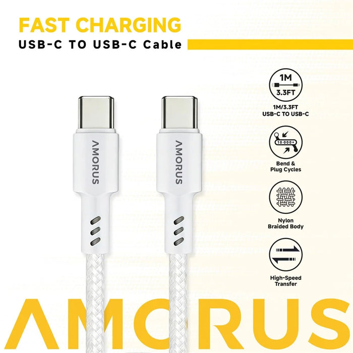 AMORUS 1m PD 3.0 60W Fast Charging Cable USB-C to USB-C Nylon Braided Data Cord for for Samsung / Xiaomi / Google - White - 2