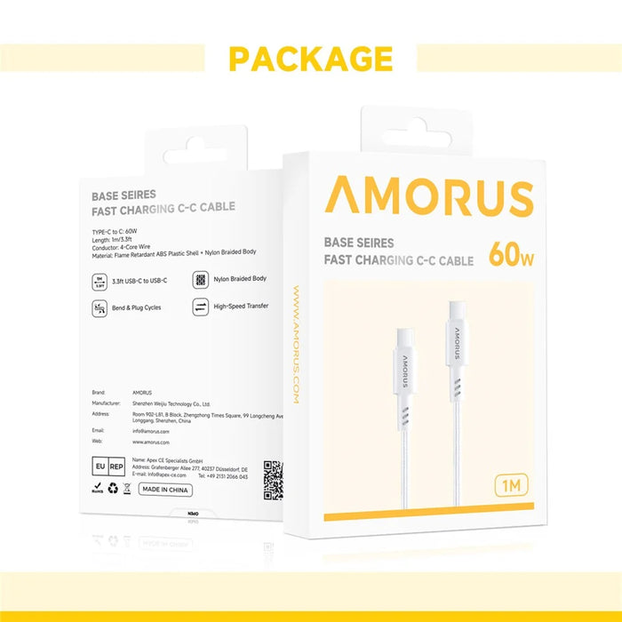 AMORUS 1m PD 3.0 60W Fast Charging Cable USB-C to USB-C Nylon Braided Data Cord for for Samsung / Xiaomi / Google - White - 7