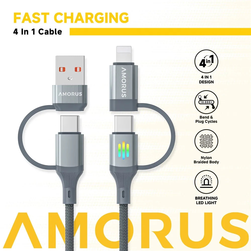 AMORUS 1m USB-A / USB-C to iP / USB-C Cable PD 3.0 60W Fast Charging Data Cord with Breathing Light - 2