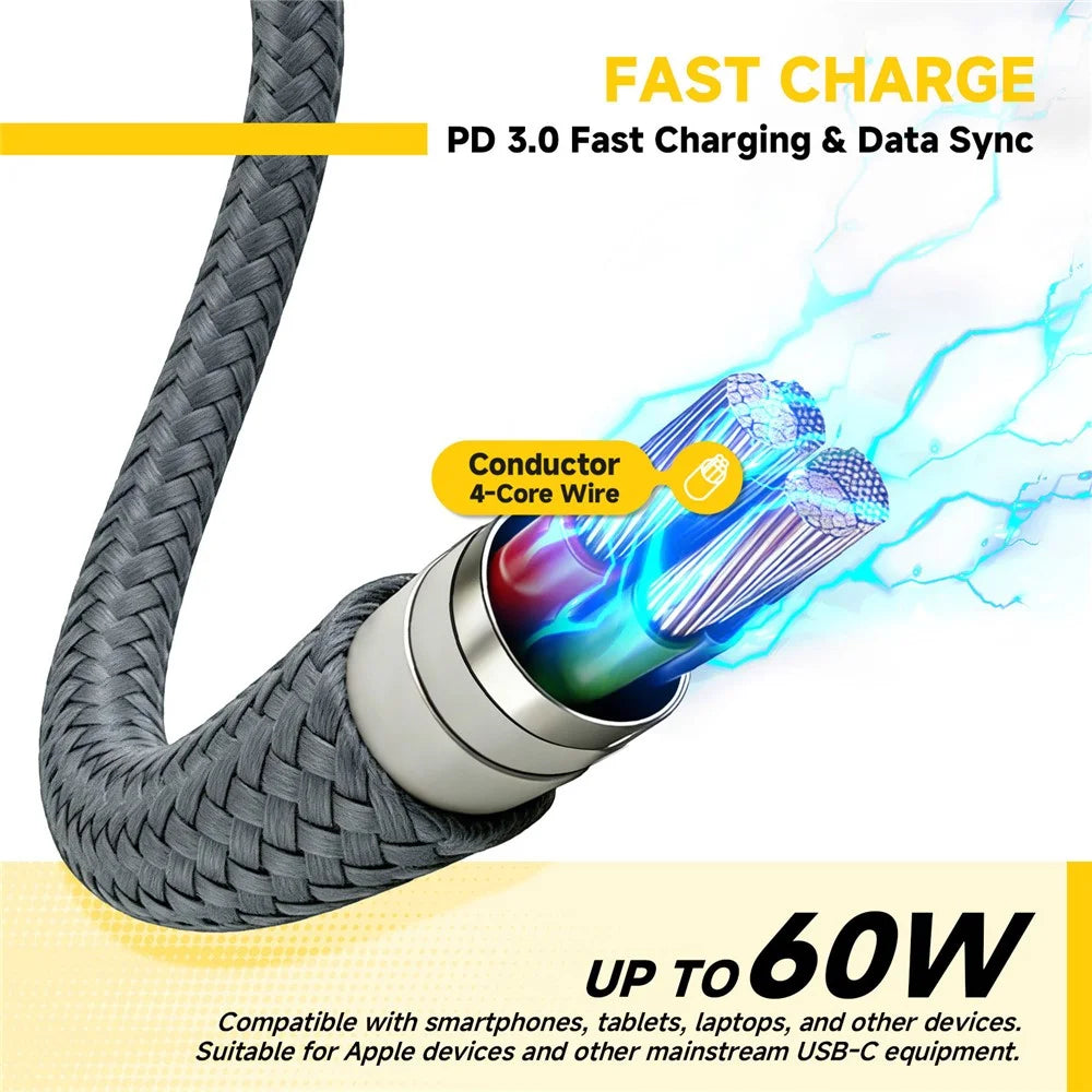 AMORUS 1m USB-A / USB-C to iP / USB-C Cable PD 3.0 60W Fast Charging Data Cord with Breathing Light - 3