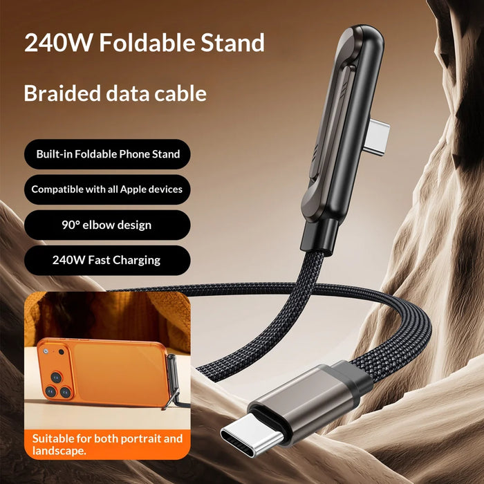 1.5m 240W 90 Degree Angled Type-C to Type-C Gaming Phone Charging Data Cable with Phone Stand - 2