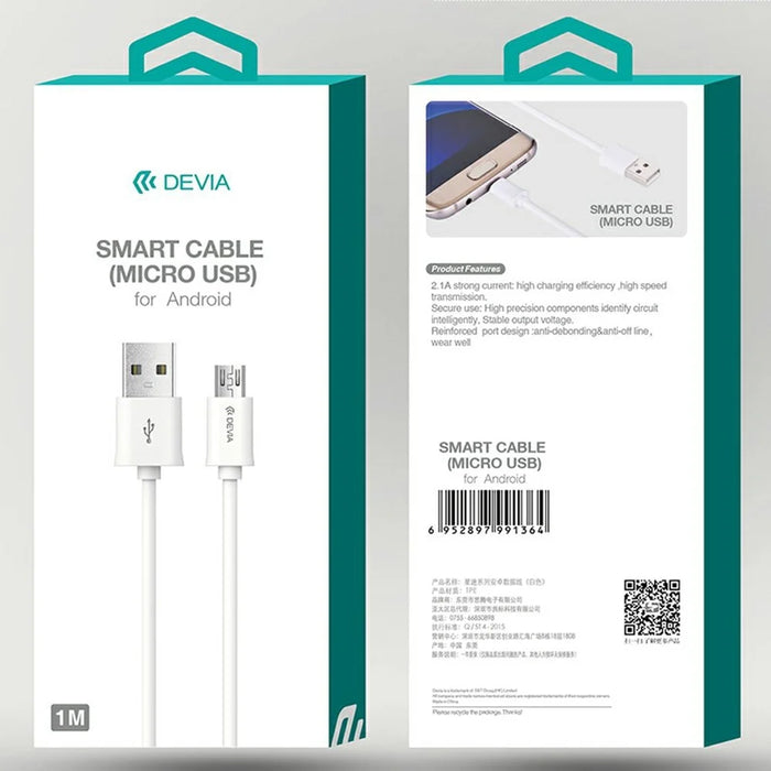 DEVIA 2.1A 1M Smart Cable Micro USB Charging Cable Fast Data Transfer Android Cable - White - 5