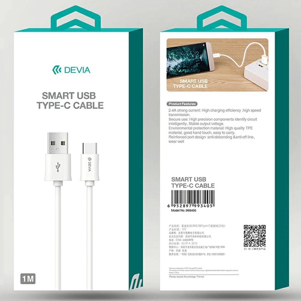 DEVIA 2A 1M Smart Cable USB Type-C Charging Cable Fast Data Transfer Cable - White - 5
