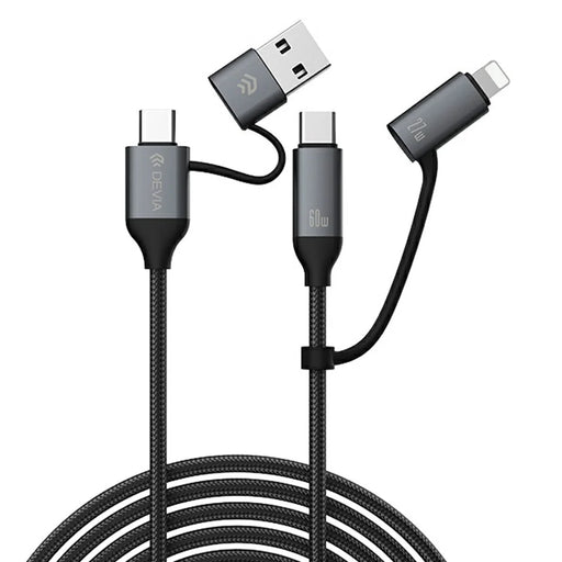 DEVIA EC504 Extreme Speed Series 1.5m 4 in 1 Fast Charging Cable USB-A + Type-C to Type-C + IP Data Cord - Black - 1