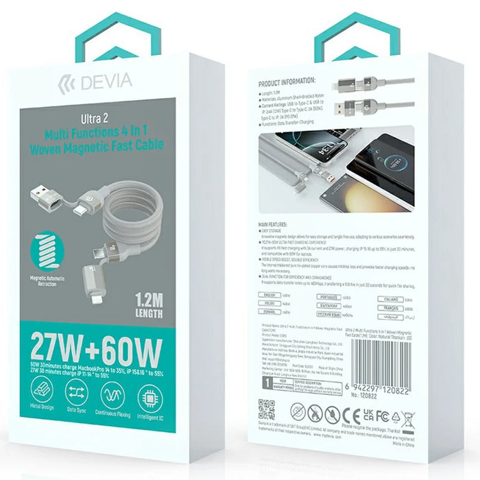 DEVIA EC655 1.2m Ultra 2 Multi Functions 4 in 1 Magnetic Fast Cable Data Cord - Titanium - 7