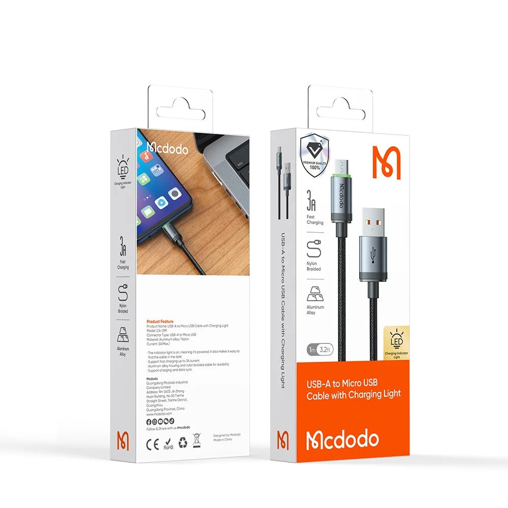 MCDODO CA-3990 1m USB-A to Micro USB Cable with Charging Light, 3A Fast Charging Data Cord - Black - 7
