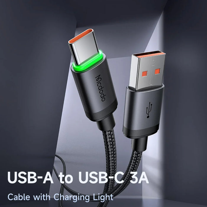 MCDODO CA-3961 3m USB-A to USB-C Cable with Charging Light, 3A Fast Charging Data Transfer Cord - Black - 3