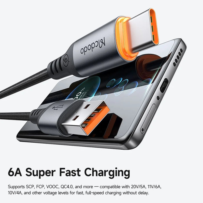 MCDODO CA-0570 1.2M USB-A to USB-C Cable 6A Super Fast Charging Smart Auto Power Off 480Mbps Data Transfer Cable - Black - 5